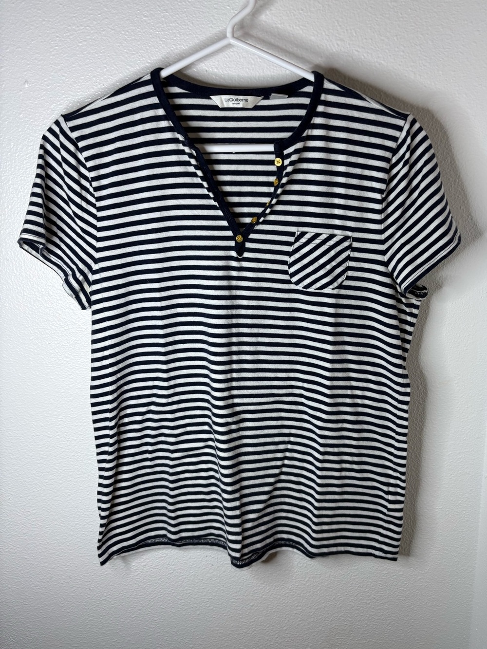 Liz Claiborne Women’s Navy and White Striped Henley Top - L